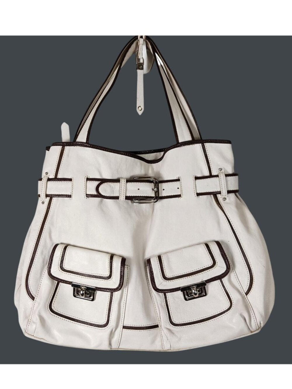 Cole Haan Leather Buckle Trim Multi Pocket Shoulder Bag Womens Ivory Brown